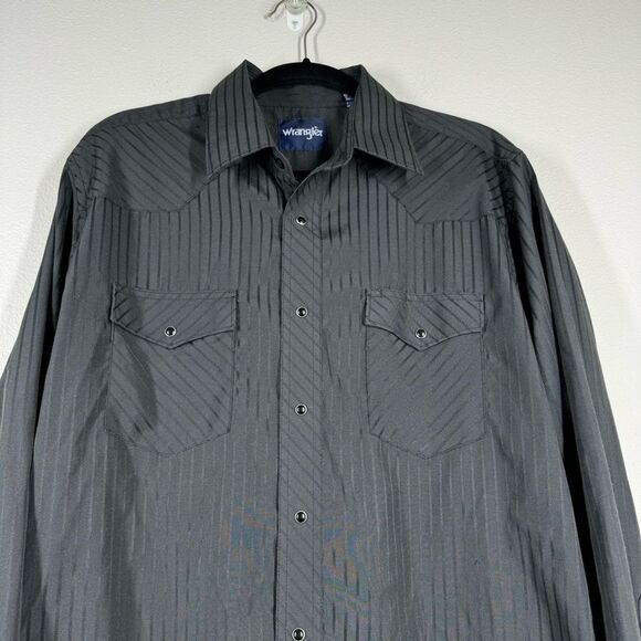 Vintage Wrangler Pearl Snap Western Button Down Shirt Long Sleeve Black Stripe L - Picture 2 of 8